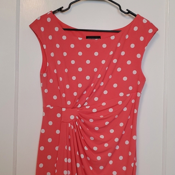 Coral Pink Polka-dot Faux Wrap Midi Dress - Picture 2 of 6
